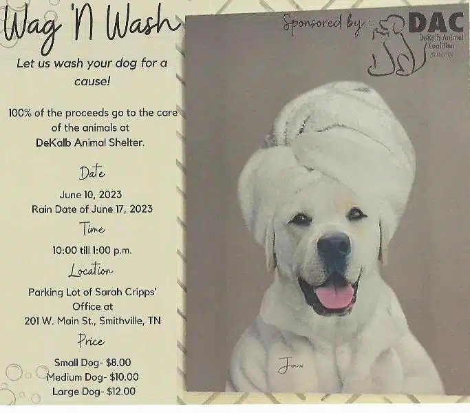 The "Wag N Wash" benefit for the DeKalb Animal Coalition will be June 10 in the Parking lot of Sarah Cripps' Law Office downtown Smithville