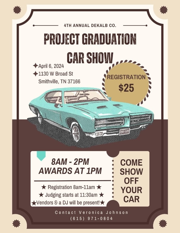 A car show will be held to benefit the DCHS Class of 2024 Project Graduation event on Saturday, April 6 from 8 a.m. until 2 p.m. at DeKalb County High School.