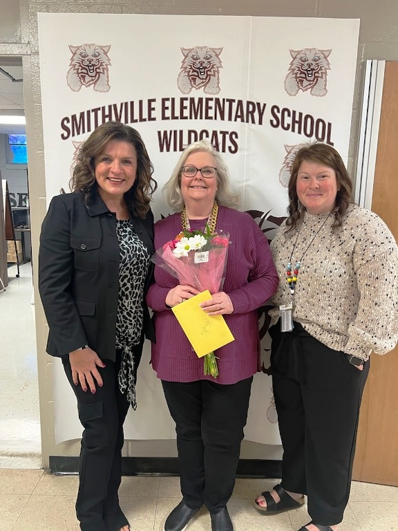 Smithville Elementary is recognizing its Teacher of the Month for April, Mrs. Tina Gash as pictured here with SES Principal Anita Puckett and SES Assistant Principal Karen France.