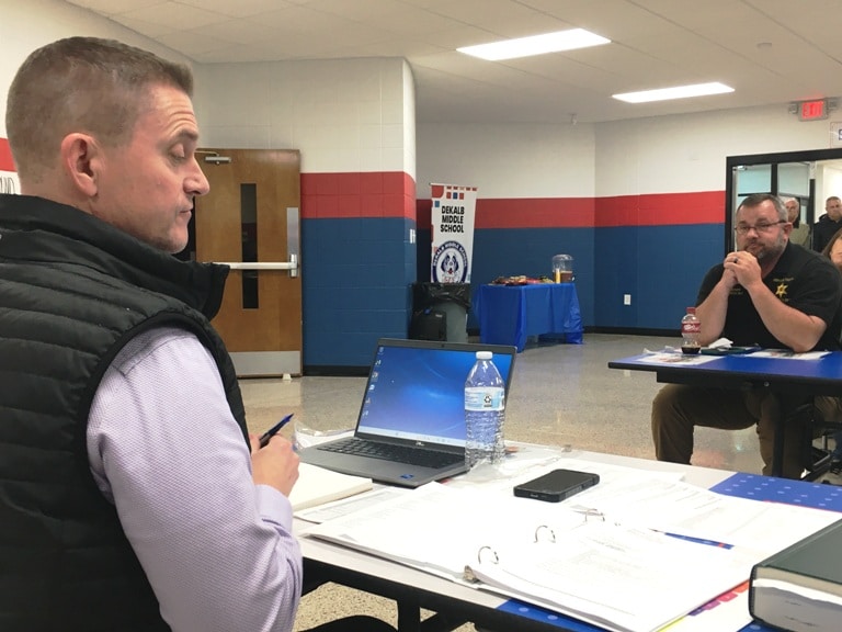 Board of Education to Fund Additional SRO Position. Pictured: Director of Schools Patrick Cripps (left) and Sheriff Patrick Ray during Thursday night's Board of Education workshop prior to regular monthly meeting