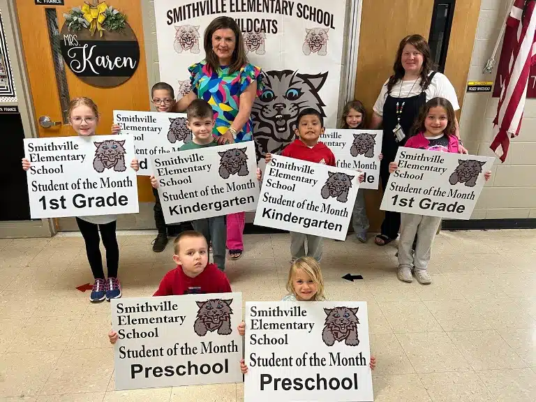 Smithville Elementary recognizes its Students of the Month for April. These students were selected for their outstanding character, academics, and other traits that make them an all-around excellent student. Selected as Students of the Month for April are: PreK- Kylia Stills, Landon Bertsch; Kindergarten – Briar Pack, Gerardo Rico; 1st Grade – Phoenix Presley, Alejandra Gutierrez; 2nd Grade – Dani Frazee, Luke Young. The students are pictured with SES Principal Anita Puckett and SES Assistant Principal Karen France.