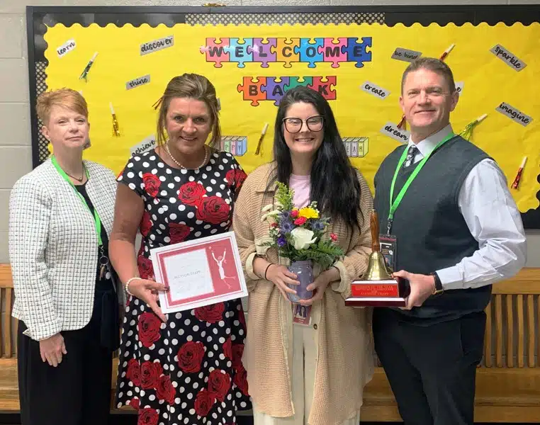 First grade teacher Allyson Trapp, the 2025 School Level Teacher of the Year at Smithville Elementary School. Pictured left to right: Supervisor of Instruction Michelle Burklow, SES Principal Anita Puckett, SES Teacher of the Year Allyson Trapp, and Director of Schools Patrick Cripps