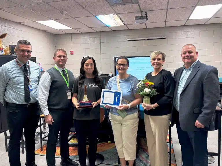 Kristen Lynch, special education teacher, the 2025 School Level Teacher of the Year at DeKalb Middle School. Pictured left to right: DMS Assistant Principal Josh Agee, Director of Schools Patrick Cripps, DMS Teacher of the Year Kristen Lynch, DMS Principal Teresa Jones, Special Education Supervisor Natasha Vaughn, Supervisor of Instruction Randy Jennings