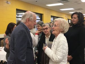 Former Governor and Democratic U.S. Senate Candidate Phil Bredesen speaks with retired teacher Sherry Bush at Saturday's DeKalb County Democratic Party Mass Meeting at DCHS