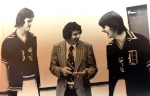 Co-Captains of 1975-76 Tiger Basketball Team Jerry Foster (left) and Al Smith (right) with their Coach Harold Luna