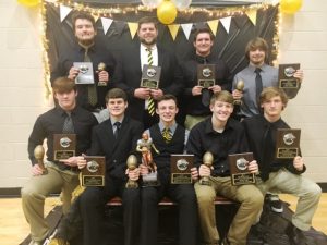 DCHS Tiger Football All Region 3 Class 4A Award Winners: Seated- David Bradford, Tyler Cantrell, Bradley Miller, Braxton Linder, Paxton Butler; Standing- Gage Delape, Assistant Coach Thomas Cagle, Nick May, and Jesse Smith