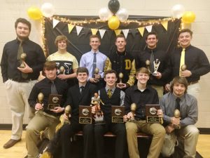 DCHS Tiger Football Award Winners: Seated- David Bradford, Tyler Cantrell, Bradley Miller, Braxton Linder, Jesse Smith; Standing- Gage Delape, Peyton Leaf, Andrew Fuson, Grayson Redmon, Nick May, and Isaac Cross