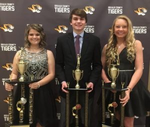 2018 DCHS Basketball Most Valuable Cheerleader Hannah Evans and Most Valuable Basketball Players Marshal Evins and Emme Colwell