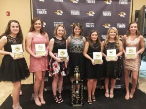 DCHS Basketball Cheerleader Award Winners: Holly Evans, Amelia Patterson, Malia Stanley, Hannah Evans (MVC), Olivia Winter, Zoe Maynard, and Madison Mick