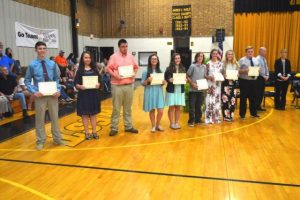 DeKalb West School students who earned the Academic Achievement Awards for highest averages are (Left to right) Brayden Antoniak, Breanna Cothern, Hagen Waggoner, Victoria Rodano, Malayna Nokes, Jonathan Littleton, Summer Crook, Alley Beth Cook, and Cameron Kempton (BILL CONGER PHOTO)