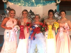 Junior Fair Princess: 3rd runner-up Caitlin Elizabeth Bennett, 1st runner-up Monica Mashay Carlton, Queen Kenlee Renae Taylor, 2nd runner-up Addison Jean Puckett, and 4th runner-up Mackenzie Leigh Sprague