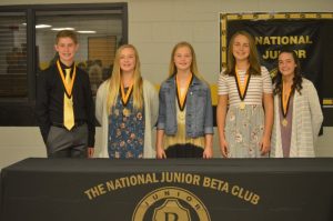 Jr. Beta Officers were inducted during a ceremony Monday night. Pictured from left to right are Brett Walker, Aly Griffith, Aniston Farler, Madison Martin, and Kortnee Skeen. President Isaac Brown not present