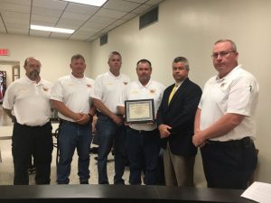 DeKalb Fire Department Awarded for Training Achievement. Captain Michael Lawrence, Lt. Jeremy Neal, Lt. Andy Pack, and Lt. Dusty Johnson of DeKalb Volunteer Fire Department, Jeff Elliot, Fire Service Program Director at the Tennessee Fire Service and Codes Enforcement Academy, and County Fire Chief Donny Green