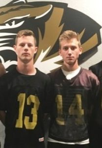 Grayson Redmon (left) caught two touchdown passes from Axel Aldino (not pictured) and kicker Andrew Fuson (right) booted 4 extra points in the Tigers 28-6 win at Grundy County Friday night. T.J. Alexander also caught a TD pass and Tre Ladet rushed for a touchdown