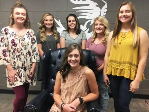 2018 DCHS Homecoming Queen, Senior Lydia Ann Brown (seated) and her court: Left to right- Sophomore Abigail Lawson, Freshman Haidyn Renee Hale, Senior Madison Suzanne Judkins, Senior Zoe Hannah Evelyn Maynard, and Junior Katherine Anne Malone