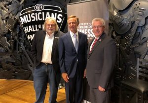 Left to right: Joe Chambers, director of the Musician’s Hall of Fame and Museum; Gov. Bill Haslam; Commissioner Kevin Triplett, Tennessee Department of Tourist Development following the record-setting announcement of economic impact at Musician’s Hall of Fame and Museum in Nashville.