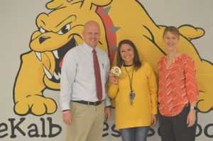Amy Pack Young is the Teacher of the Month for November at DeKalb West School, an honor bestowed upon her by her peers. Pictured with DWS Principal Sabrina Farler (right) and Assistant Principal Joey Agee