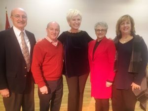 Chamber Prayer Breakfast: County Mayor Tim Stribling, Entertainer Darrin Vincent, Chamber Director Suzanne Williams, Guest Speaker Nancy Trapp, and Chamber President Rita Bell