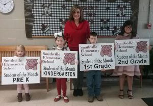 Smithville Elementary Students of the month: Pre-K: Isabella Newby; Kindergarten: Carleigh Tramel; 1st grade: Austin O’Conner; 2nd grade: Payton Pedigo