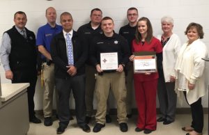 Sheriff Department Employees and Jail Nurse Honored with Life Saving Award. Back Row: Sheriff Patrick Ray, Jail Sergeant Anthony Boyd, Correctional Officer Chris Singleton, Correctional Officer Justin Bass and ACH Regional Manger Karen Fowler. Front Row: Chief Deputy Robert Patrick, Correctional Officer Jordon Whitehead, ACH Nurse Christina Arnold, ACH Assistant Regional Manger Dawn Voss