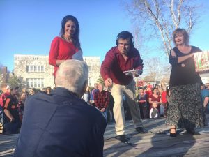 Liberty Christmas Parade Emcee Tom Duggin is joined by Denise Page (right) and Grand Marshal and WSMV Meteorologist Daphne DeLoren in giving away prizes after the parade Sunday.
