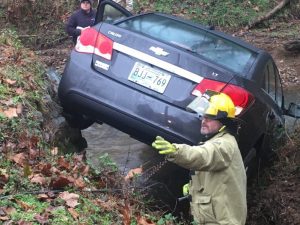 Chevy Cruze almost plunges into creek on Lancaster Road near Center Hill Dam Thursday afternoon