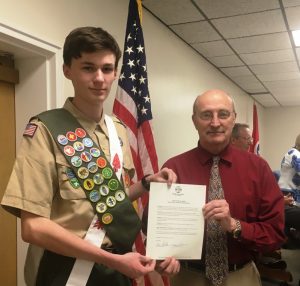 Eagle Scout Jonathan Birmingham recognized by County Mayor Tim Stribling and County Commission