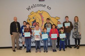 DeKalb West School March students of the month: Pictured front row left to right: Michael Justice, Brylee Key, Annalise Simpson, Zoe Floyd, and Karson Mullinax. Back row left to right: Assistant Principal Joey Agee, Cole McMillen, Abby Crook, Carson Donnell, Drew Cook, Gavin Conger, and Principal Sabrina Farler