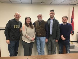 Members of the DeKalb Republican Party met Saturday at the courthouse to re-organize the party’s leadership. The new officers are as pictured left to right: Secretary Clint Hall, Vice Chair Renee Steff, Treasurer Tom Chandler, Chairman Dustin Estes, and Vice-Treasurer Brandon Cox