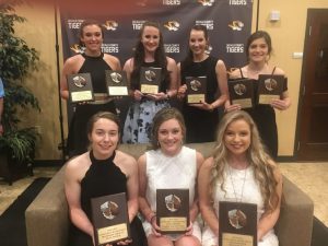 DCHS Lady Tiger Basketball Award Winners at Team Banquet Friday Night: Seated left to right-Maddison Parsley, Lydia Brown (MVP), and Joni Robinson. Standing left to right- Kadee Ferrell, Kenzie France, Leah Davis, and Mya Ruch