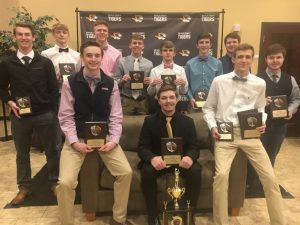 DCHS Tiger Basketball Award Winners at Team Banquet Friday Night: Seated left to right- Noah Martin, Tanner Poss (MVP), and Nathan Atkins. Standing left to right- Brayden Howard, Hayden Thomas, Dallas Cook, Colter Norris, Dakota White, Brayden Antoniak, Isaac Walker, and Aiden Whitman.