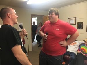 David Hedge interviewing Noah Gill, member of the DCHS Class of 2019 during 2019 WJLE Radiothon for Project Graduation