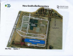 Site Plan Option # 1 for new elementary school proposes to fit it on the existing Northside Elementary School property with no additional land acquisition necessary. However, the architects said this option poses challenges as the new building would encroach on a natural sloping drainage area and playground space would be limited.