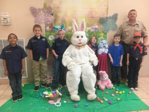 Cub Scouts Host “Breakfast with the Easter Bunny” Fundraiser: Pictured: left to right- Cub Scouts Desmond Cade, Zander Simpson, Benjamin Waggoner, Easter Bunny, Fallon White, Jace Cantrell, Jacob Hanson, and Cub Master Jason Hardwick