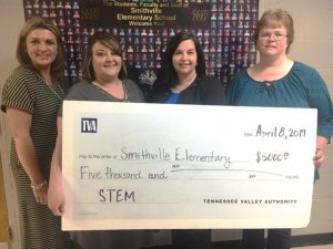Smithville Elementary School Receives $5,000 TVA grant to expand STEM technology by developing a Maker Space in the computer lab. Pictured: Interim Smithville Elementary Principal Anita Puckett, Kindergarten Teacher Tanya Howard, Rachel Crickmar, TVA Community Relations Program Manager, and Beth Cantrell, Computer Lab teacher.
