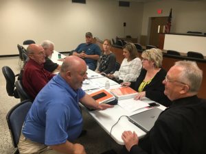 DeKalb County Budget Committee with County Mayor Tim Stribling and County Financial Advisor Steve Bates: Pictured left to right: Jerry Adcock (black shirt), Tim Stribling, Dennis Slager (blue shirt), Steve Bates, County Mayor Secretary Kristie Nokes, Anita Puckett, Sabrina Farler, and Jeff Barnes. (Photo from previous meeting)