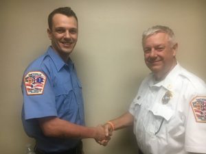 Smithville Fire Chief Charlie Parker congratulates Rookie Firefighter Jeff Prisock on completing LIVE Burn Training at the Tennessee Fire Services & Codes Enforcement Academy