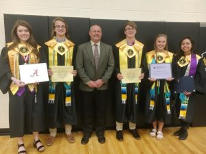 Among the top scholarship award winners from the DCHS Class of 2019 with Principal Randy Jennings: Madison Cantrell, Parker Gassaway, Ealy Gassaway, Sarah Anne Colwell, and Dulce Maciel