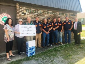 (PICTURED: #6 Smithville Chapter #374 leaders of the Order of the Eastern Star showed their appreciation to the Smithville-DeKalb County Rescue Squad Wednesday by donating three cases of bottled water. Pictured: Eastern Star Organist Gay Vanatta, Eastern Star Worthy Matron Pat Wilt, Worthy Patron Dr. Jerry Paul Vanatta, Harlan McCloud, Joe Johnson, Robert Sartin, Rescue Squad Captain Dustin Johnson, Luke Judkins, Larry Maddux, and Eastern Star Chaplain Dr. Robert R. Atnip)