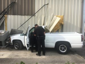 John Alsup, Jr. was injured Thursday after he lost control of his Chevy pickup truck on West Broad Street and crashed into the side of the building at Gino’s Barbeque.