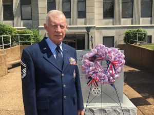 Don Rigsby, a Senior Master Sergeant now retired from the 118th Wing of the Tennessee Air National Guard in Nashville spoke and helped present, along with other active duty and retired members, “Operation Patriotism” during Memorial Day Program. The Five Flag Ceremony teaches about the history of our Flag and how it came to be what it is today