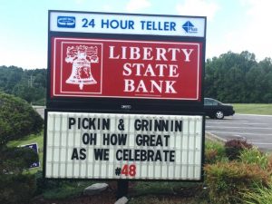 Liberty State Bank in Smithville is participating in 2019 Project Welcome Mat with a two sided sign (side one)