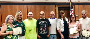 (Recovery Court Celebrates Sobriety Efforts of Participants: Pictured: left to right- Marina Cornett, Rhonda Harpole (case manager), Anthony Walters, Carlos Santos, Grady Murphy, Kate Arnold (coordinator), Jamie Ramos, Justin Murphy)