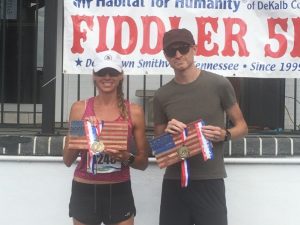 Jason Long (right) was the overall winner of the 21st annual Fiddler 5K. He ran the course in 18:03 seconds. Meanwhile 41 year old Kristen Van Vranken (left) won the race among females. She ran the course in 19:46 seconds and finished 9th overall.