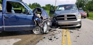 Two pickup trucks crash on Highway 56 south Saturday (Jim Beshearse Photo)
