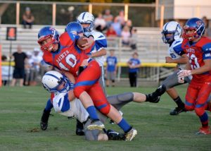 Saints Running Back Ari White looking to score in 22-6 Homecoming win over Overton County Thursday night (Tena Edwards photo)