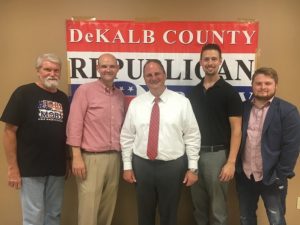DeKalb County GOP Officers greet Scott Golden, Chairman of the Tennessee Republican Party, who spoke at Thursday night’s Free Barbeque hosted by the local Republican Party. Pictured left to right: Tom Chandler-Treasurer, Clint Hall-Secretary, Scott Golden, Dustin Estes-Chairman, and Brandon Cox-Vice Treasurer