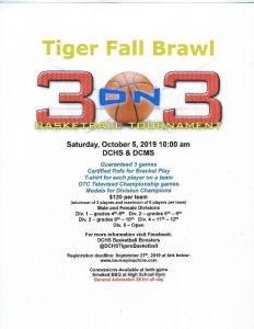 Tiger Fall Brawl 3 on 3 Basketball Tournament October 5 at 10 a.m. at DCHS and DeKalb Middle School
