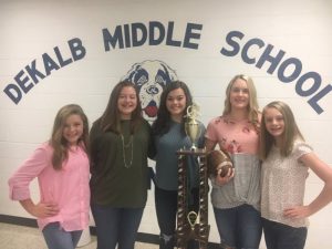 DeKalb Saints Homecoming Queen Allyson Roxanne Fuller (holding football) and her court: Pictured left to right: Annabella Dakas, Ansley Cantrell, Elaina Turner, Allyson Roxanne Fuller, and Macy Anderson. Posing with the Saints 2018 Middle Tennessee Football Conference trophy