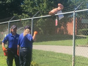 DeKalb EMS staff find storm victim mannequin resting on fence at Green Brook Park